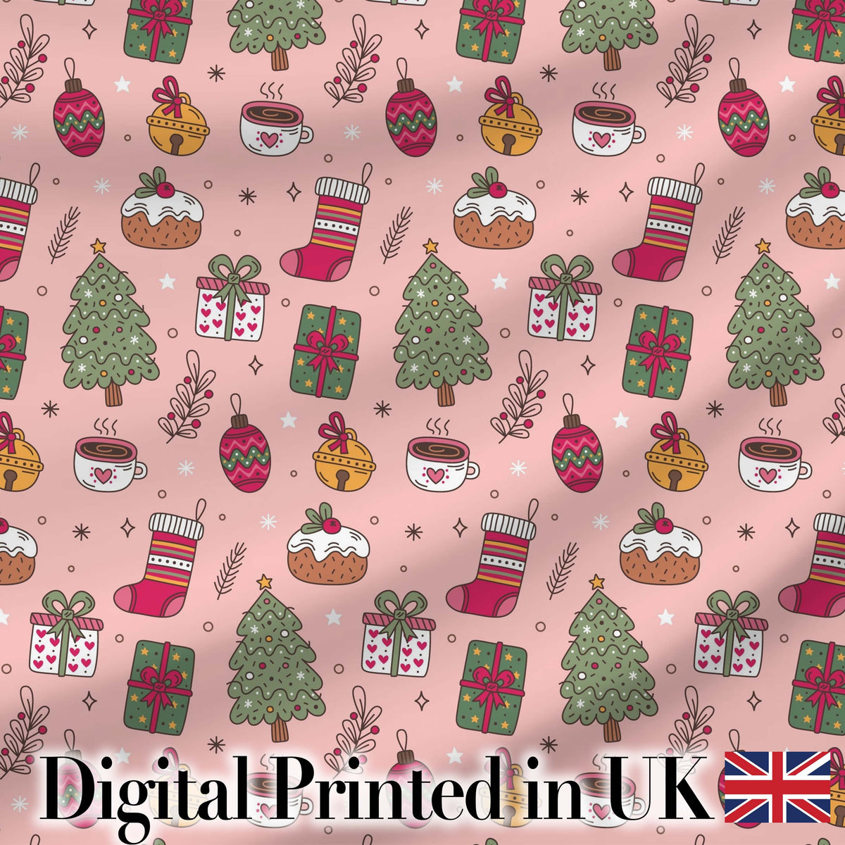 Cute Christmas Tree Gift Coffee Sock Ornament Seamless Pattern Digital Print Fabric by the Metre UK Sewing Quilting Textile