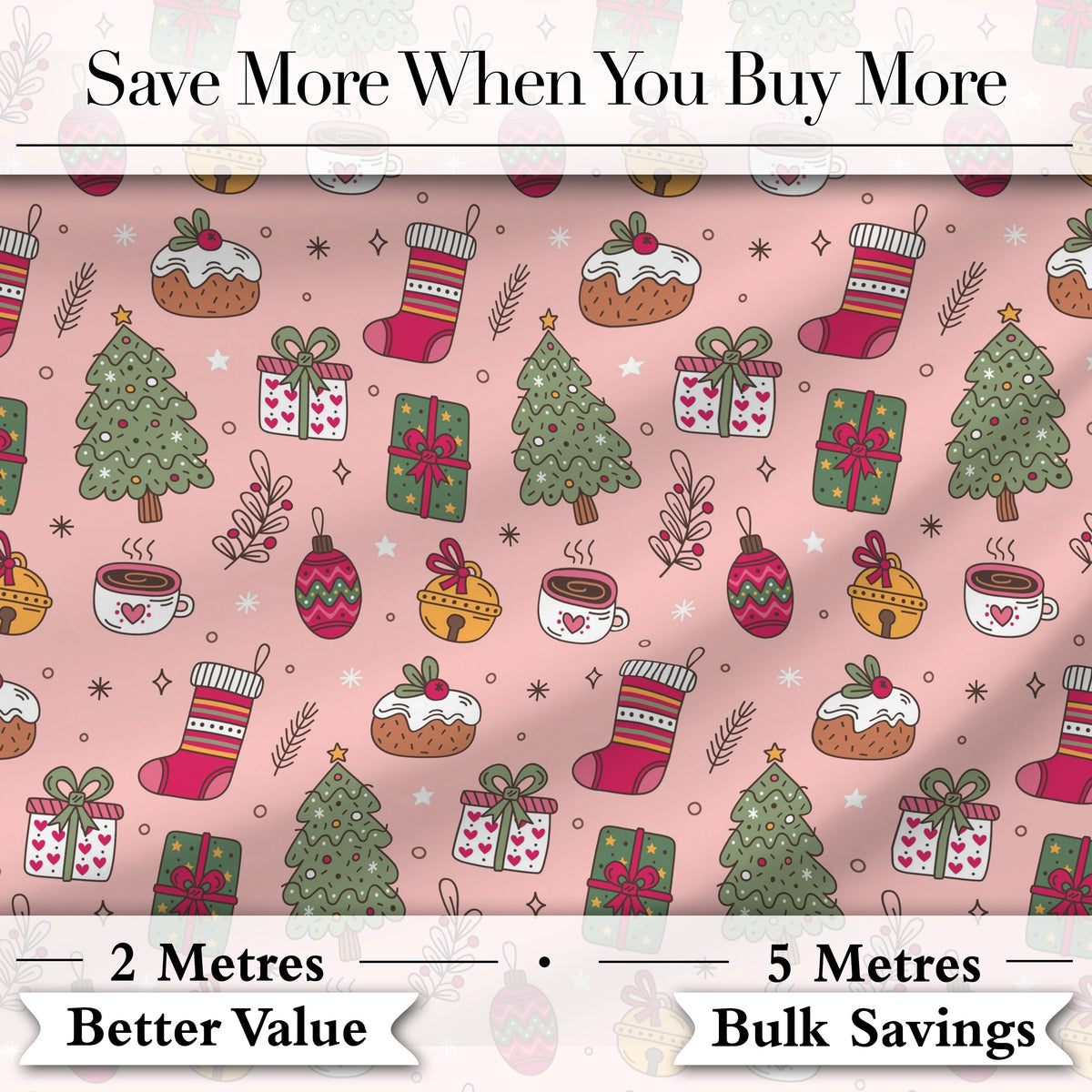 Cute Christmas Tree Gift Coffee Sock Ornament Seamless Pattern Digital Print Fabric by the Metre UK Sewing Quilting Textile