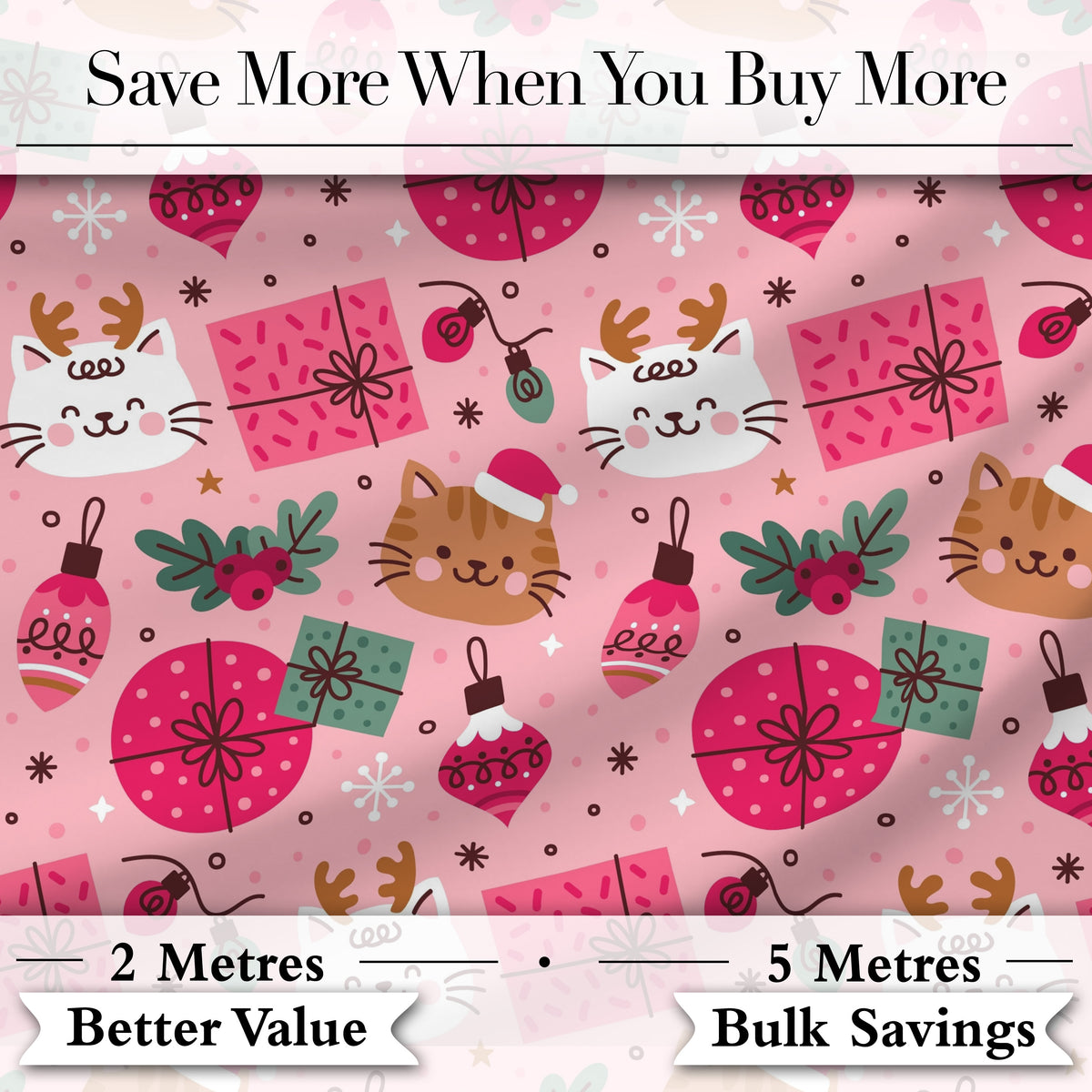 Cute Cat Reindeer Christmas Baubles Gift Seamless Pattern Digital Print Fabric by the Metre UK Sewing Quilting Textile
