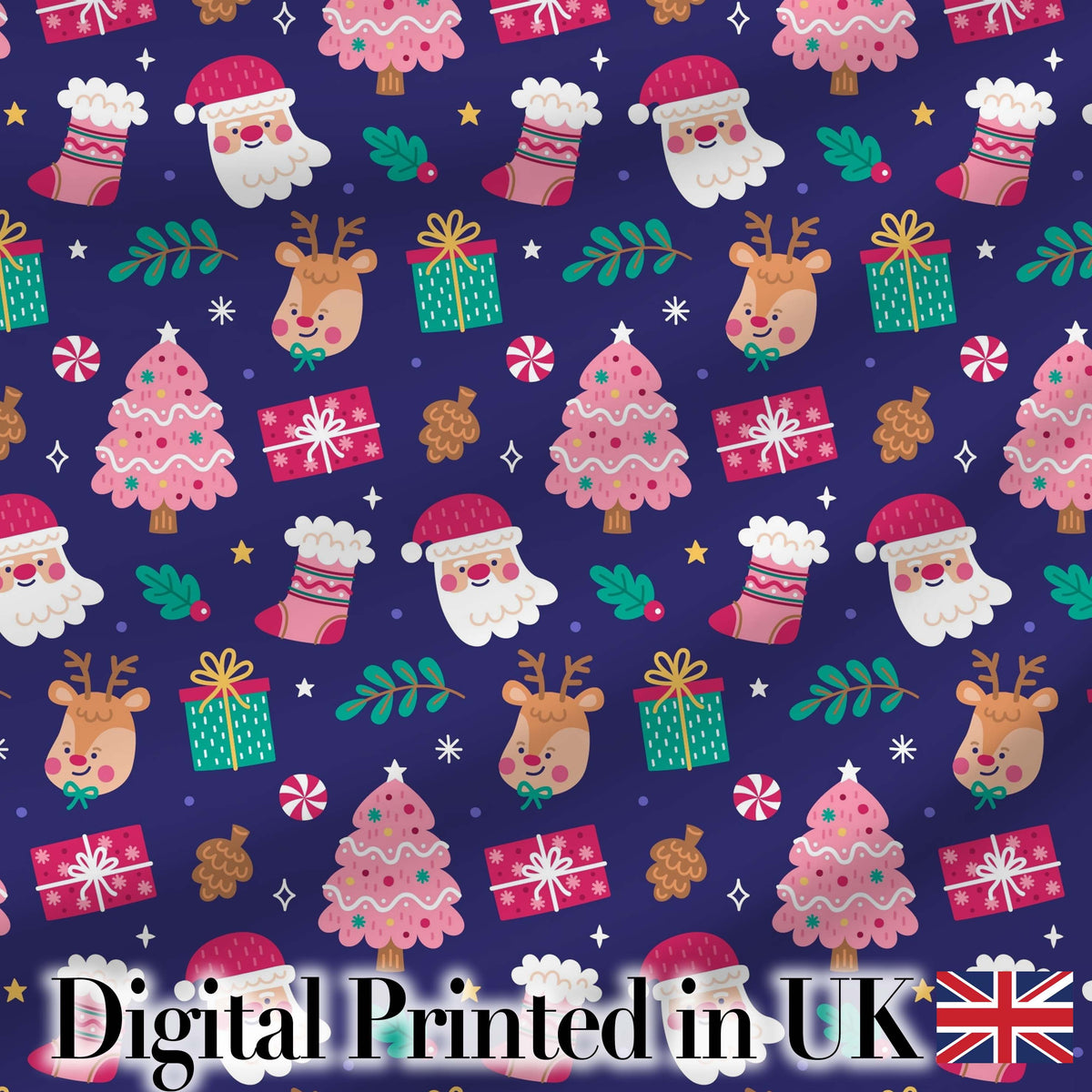 Cute Santa Reindeer Gift Christmas Tree Seamless Pattern Digital Print Fabric by the Metre UK Sewing Quilting Textile