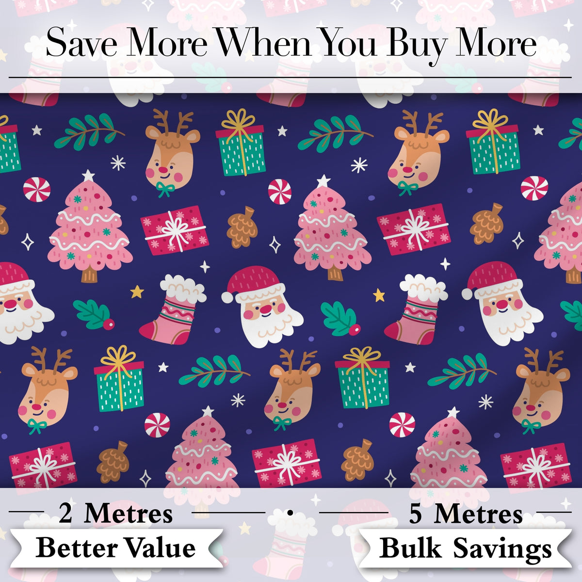 Cute Santa Reindeer Gift Christmas Tree Seamless Pattern Digital Print Fabric by the Metre UK Sewing Quilting Textile