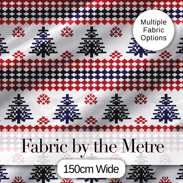 Nordic Red Blue Christmas Tree Snowflake Seamless Pattern Digital Print Fabric by the Metre UK Sewing Quilting Textile