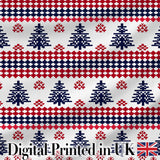 Nordic Red Blue Christmas Tree Snowflake Seamless Pattern Digital Print Fabric by the Metre UK Sewing Quilting Textile