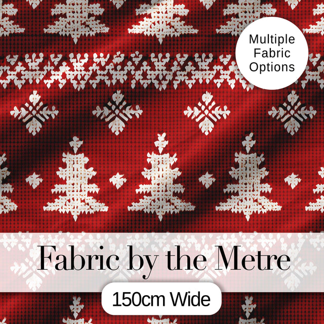 Knitted Nordic Snowflake Christmas Tree Red Seamless Pattern Digital Print Fabric by the Metre UK Sewing Quilting Textile