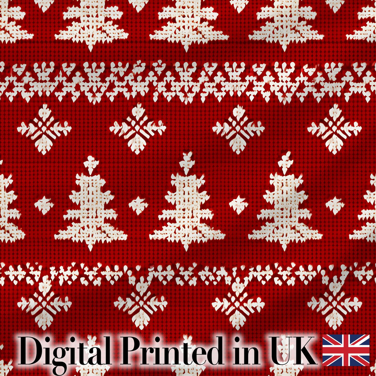 Knitted Nordic Snowflake Christmas Tree Red Seamless Pattern Digital Print Fabric by the Metre UK Sewing Quilting Textile