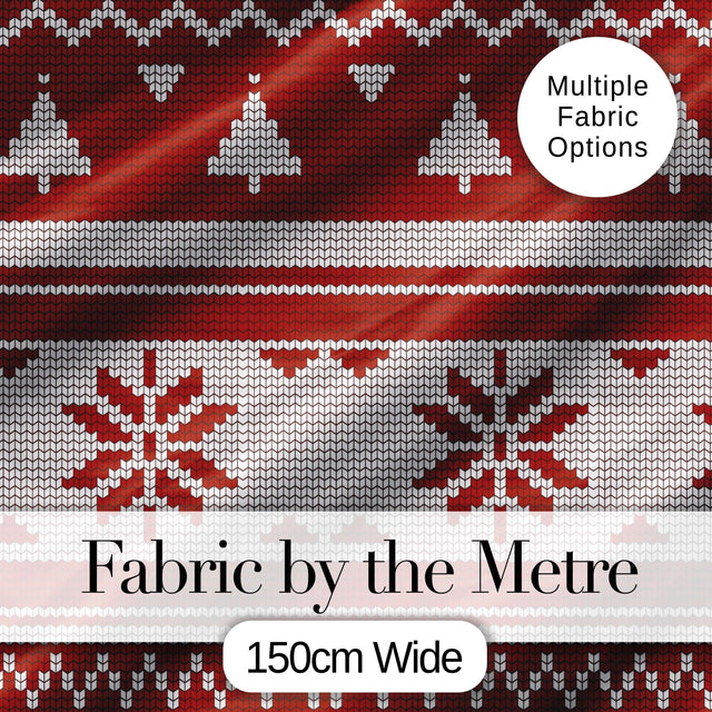 Red Nordic Christmas Tree Snowflake Knitted Seamless Pattern Digital Print Fabric by the Metre UK Sewing Quilting Textile