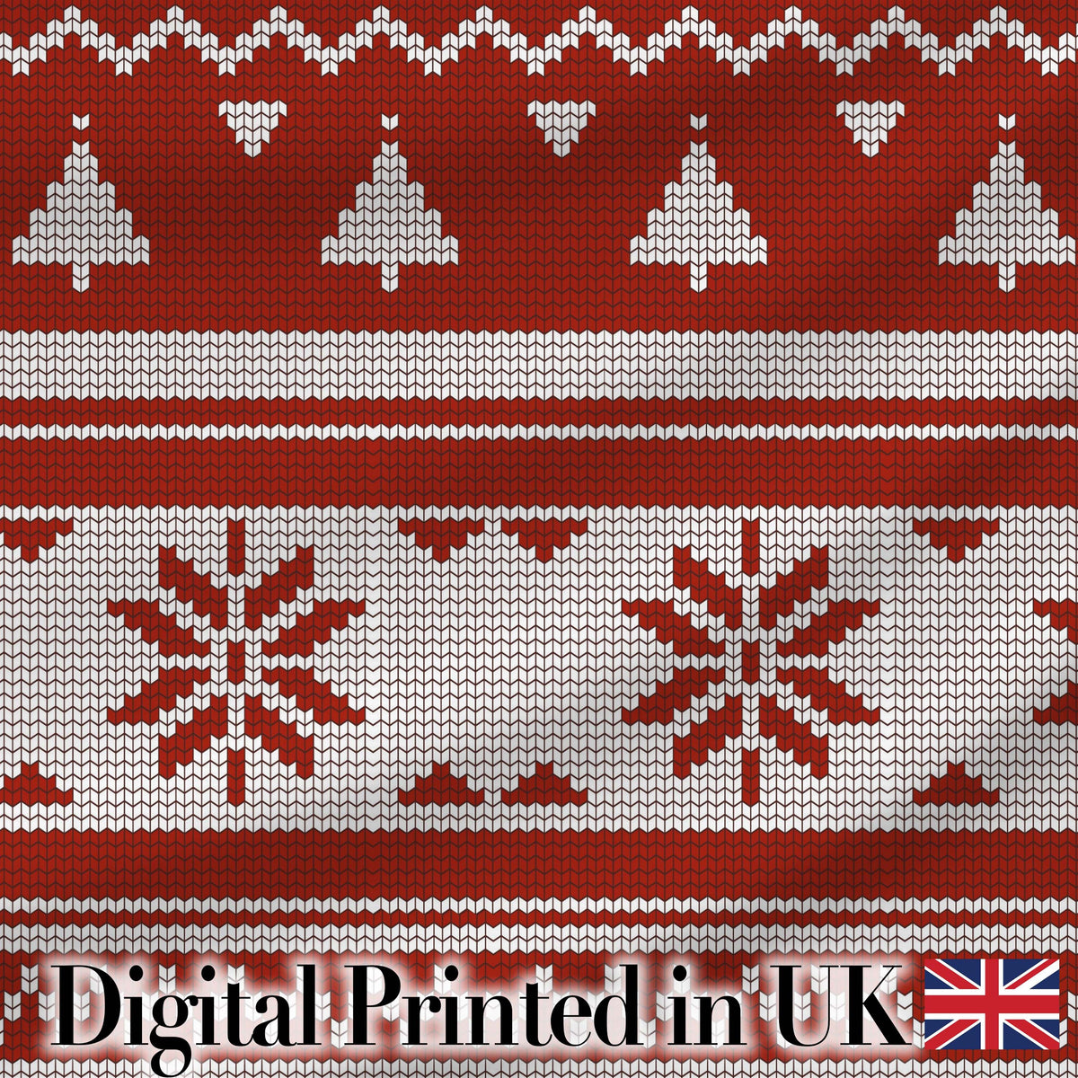 Red Nordic Christmas Tree Snowflake Knitted Seamless Pattern Digital Print Fabric by the Metre UK Sewing Quilting Textile