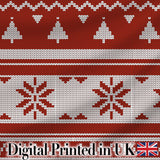 Red Nordic Christmas Tree Snowflake Knitted Seamless Pattern Digital Print Fabric by the Metre UK Sewing Quilting Textile