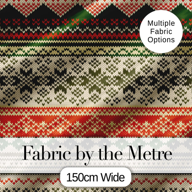 Nordic Zigzag Knit Green Red Cream Geometric Festive Sweater Style Seamless Digital Print Fabric by the Metre UK Sewing Quilting Textile