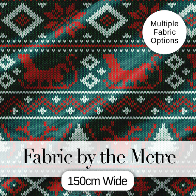 Scandinavian Reindeer Snowflake Knit Pattern Green Background  Digital Print Fabric by the Metre UK Sewing Quilting Textile