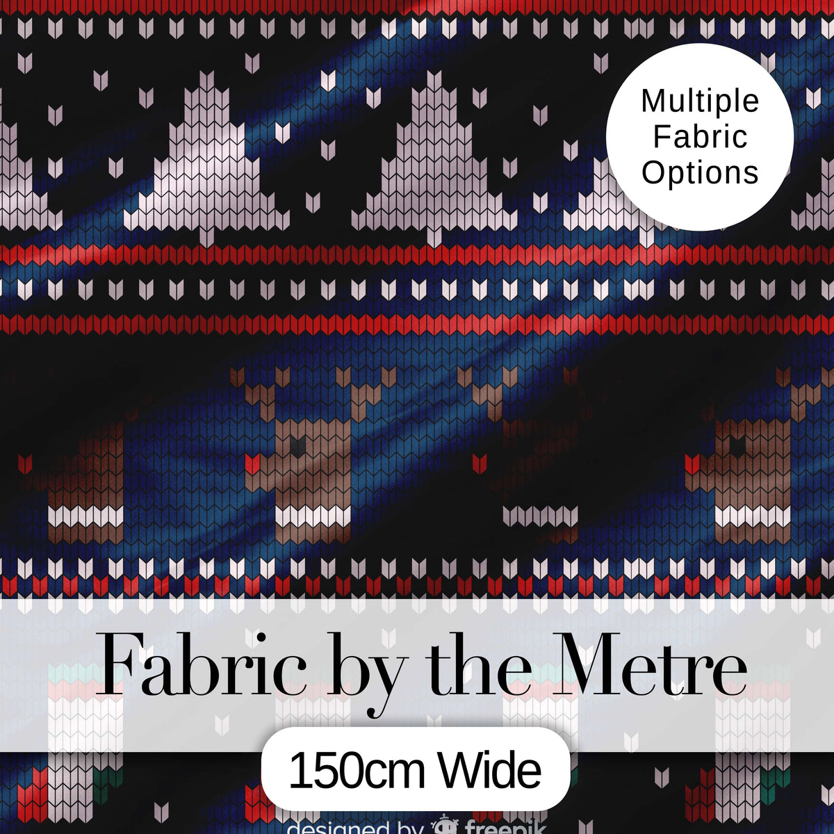 Winter Knit Reindeer Mountain Pattern Blue White Snow Nordic Christmas  Digital Print Fabric by the Metre UK Sewing Quilting Textile