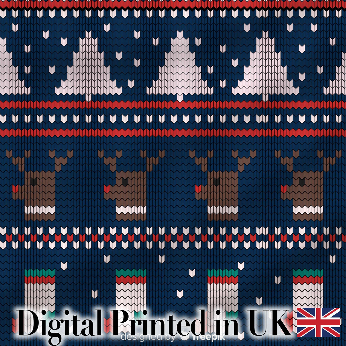 Winter Knit Reindeer Mountain Pattern Blue White Snow Nordic Christmas  Digital Print Fabric by the Metre UK Sewing Quilting Textile