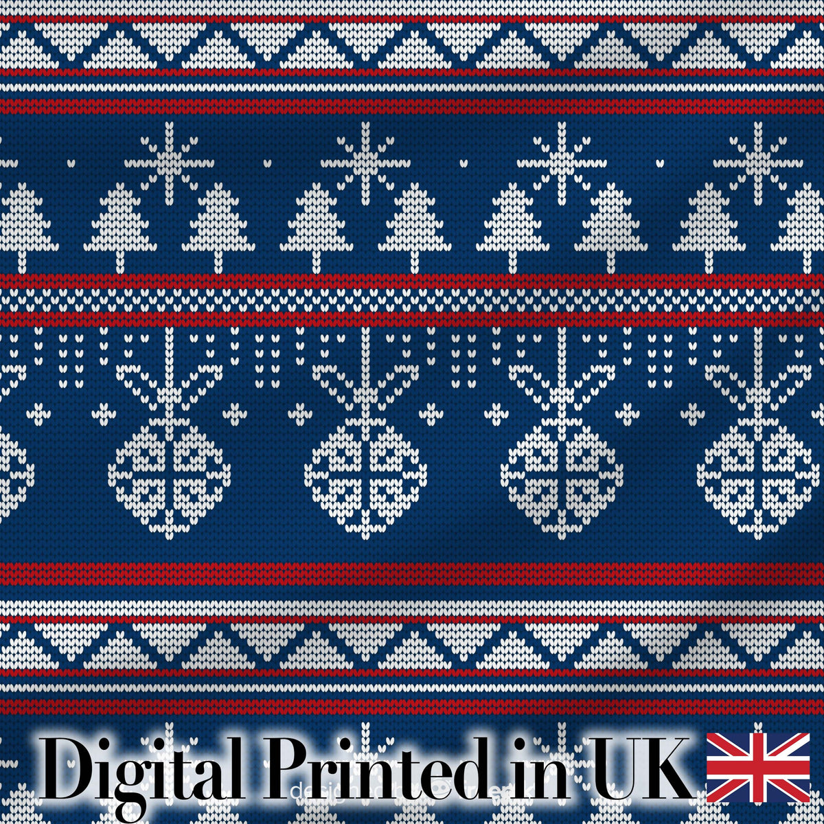Scandinavian Snowflake Ornament Knit Pattern Blue White Red Holiday Digital Print Fabric by the Metre UK Sewing Quilting Textile