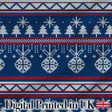 Scandinavian Snowflake Ornament Knit Pattern Blue White Red Holiday Digital Print Fabric by the Metre UK Sewing Quilting Textile