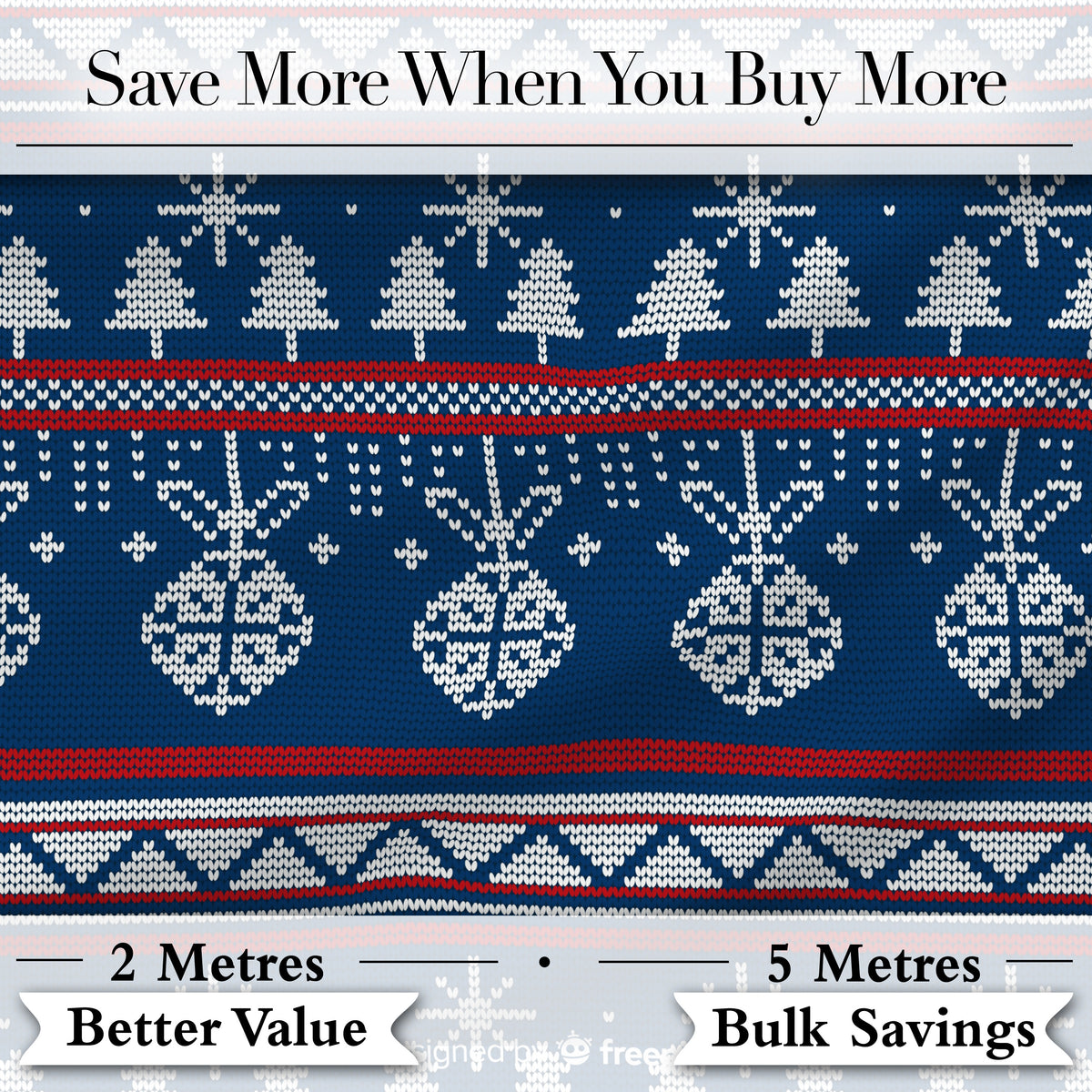 Scandinavian Snowflake Ornament Knit Pattern Blue White Red Holiday Digital Print Fabric by the Metre UK Sewing Quilting Textile