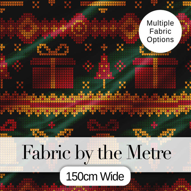 Holiday Gift Box Knit Pattern Green Red Gold Christmas Sweater Style Festive  Digital Print Fabric by the Metre UK Sewing Quilting Textile