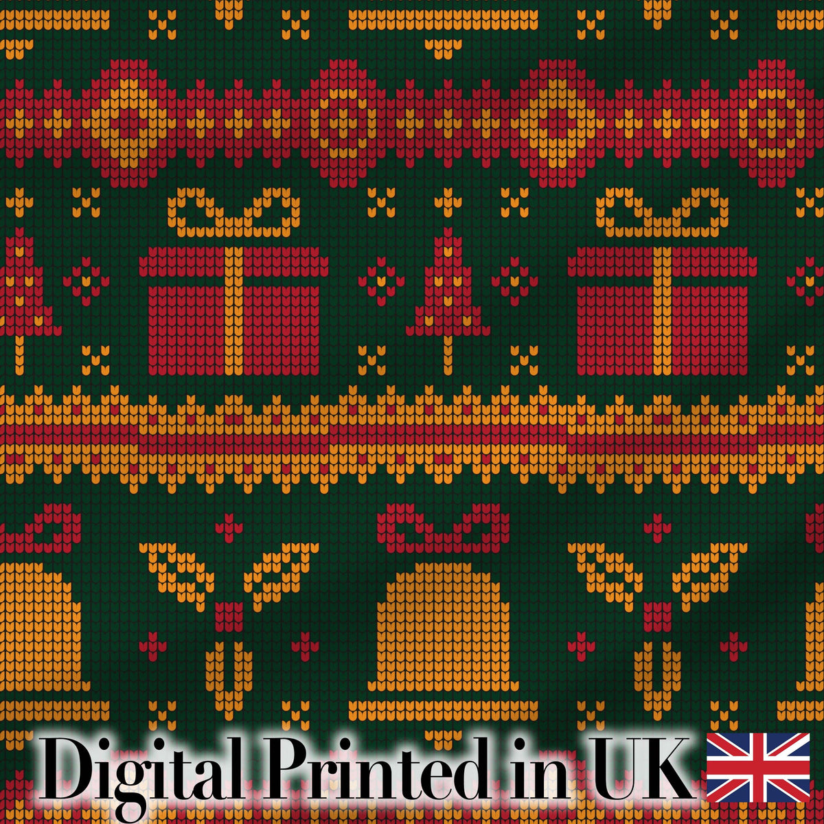 Holiday Gift Box Knit Pattern Green Red Gold Christmas Sweater Style Festive  Digital Print Fabric by the Metre UK Sewing Quilting Textile