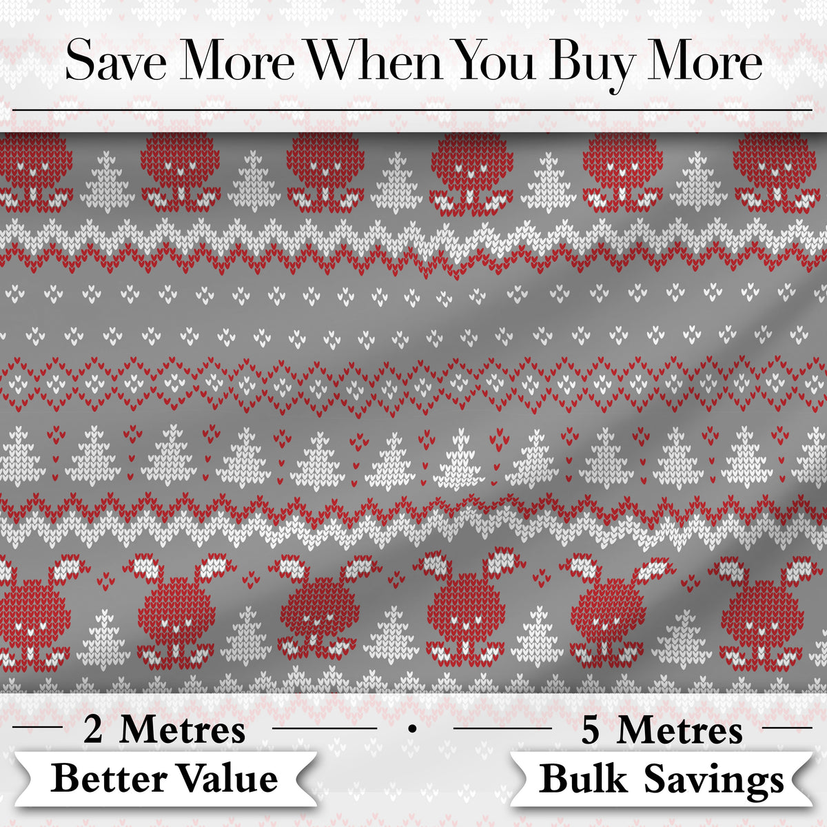 Cute Reindeer Tree Knit Pattern Grey Red White Christmas Sweater Style Seamless Digital Print Fabric by the Metre UK Sewing Quilting Textile