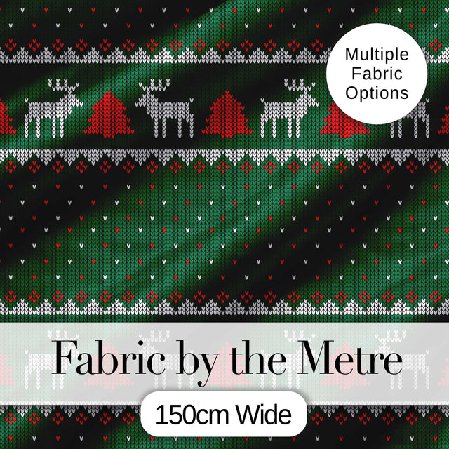 Scandinavian Reindeer Mountain Knit Pattern Green Red White Christmas Seamless Digital Print Fabric by the Metre UK Sewing Quilting Textile