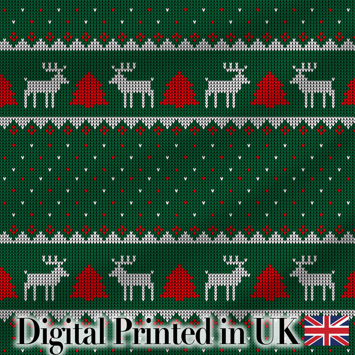 Scandinavian Reindeer Mountain Knit Pattern Green Red White Christmas Seamless Digital Print Fabric by the Metre UK Sewing Quilting Textile