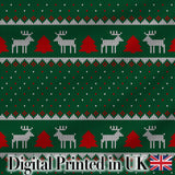 Scandinavian Reindeer Mountain Knit Pattern Green Red White Christmas Seamless Digital Print Fabric by the Metre UK Sewing Quilting Textile