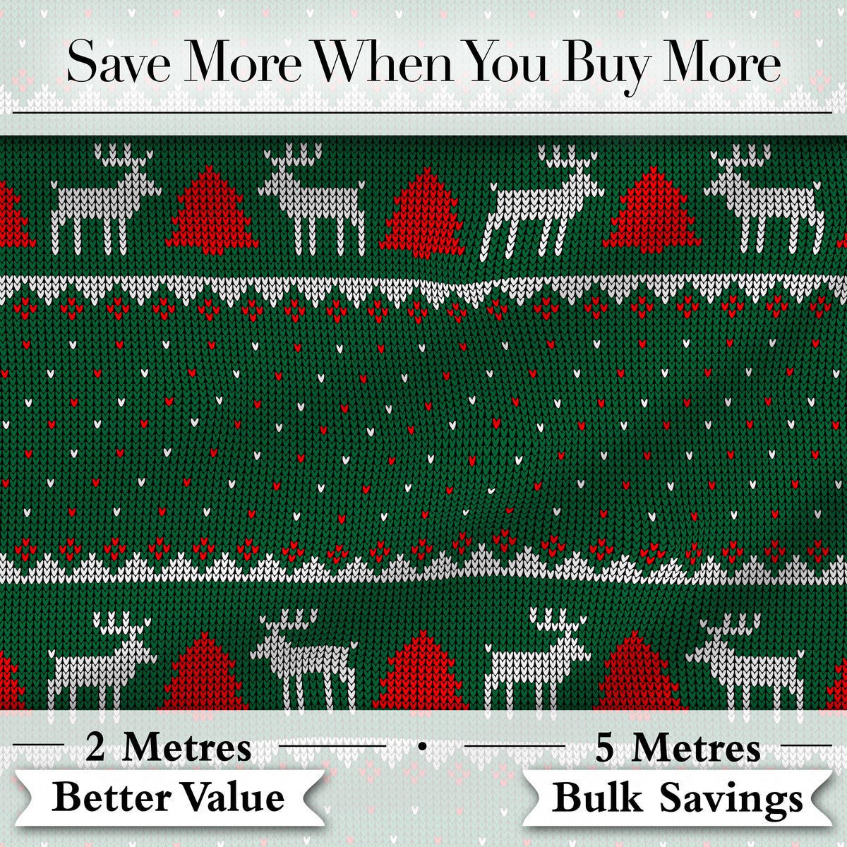 Scandinavian Reindeer Mountain Knit Pattern Green Red White Christmas Seamless Digital Print Fabric by the Metre UK Sewing Quilting Textile