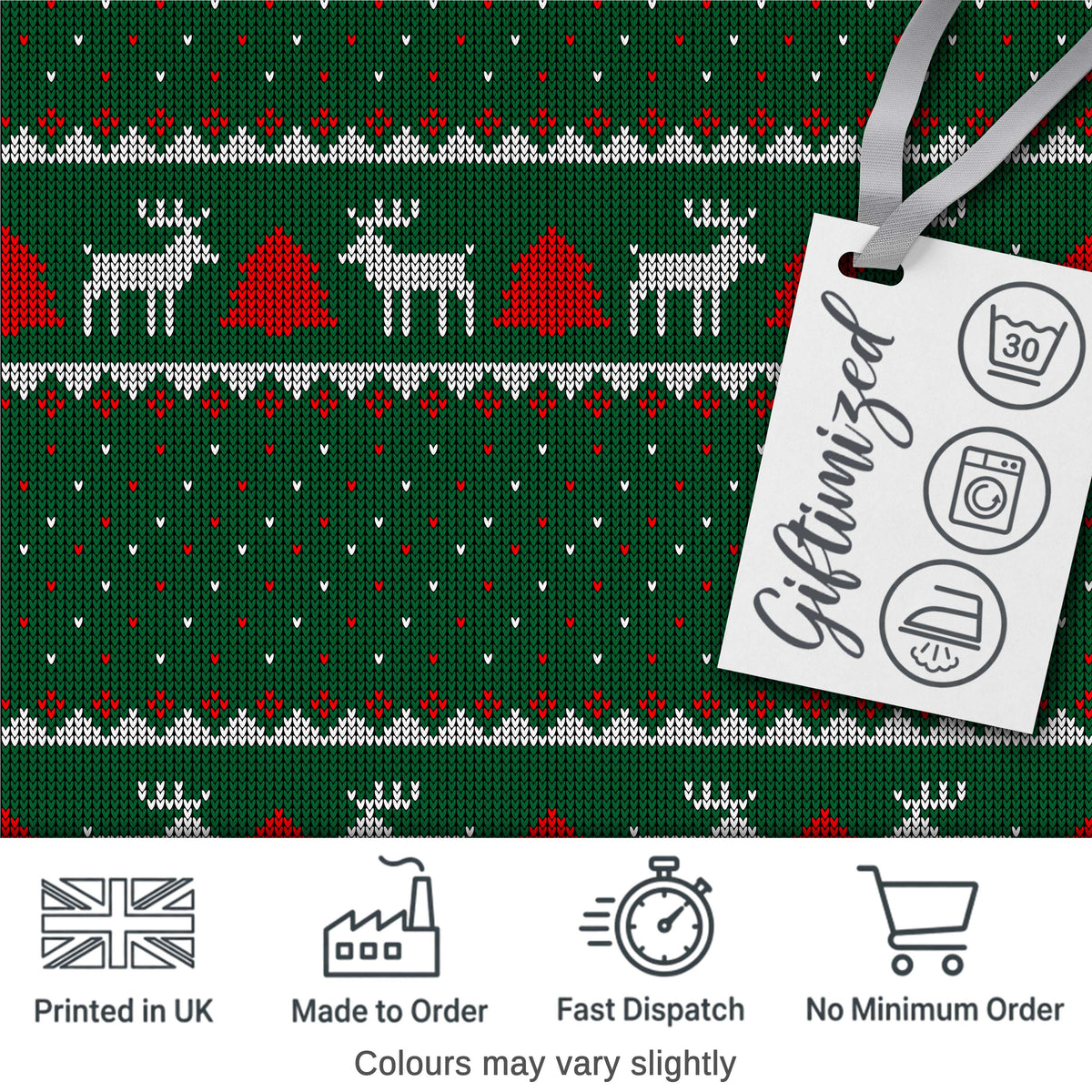 Scandinavian Reindeer Mountain Knit Pattern Green Red White Christmas Seamless Digital Print Fabric by the Metre UK Sewing Quilting Textile