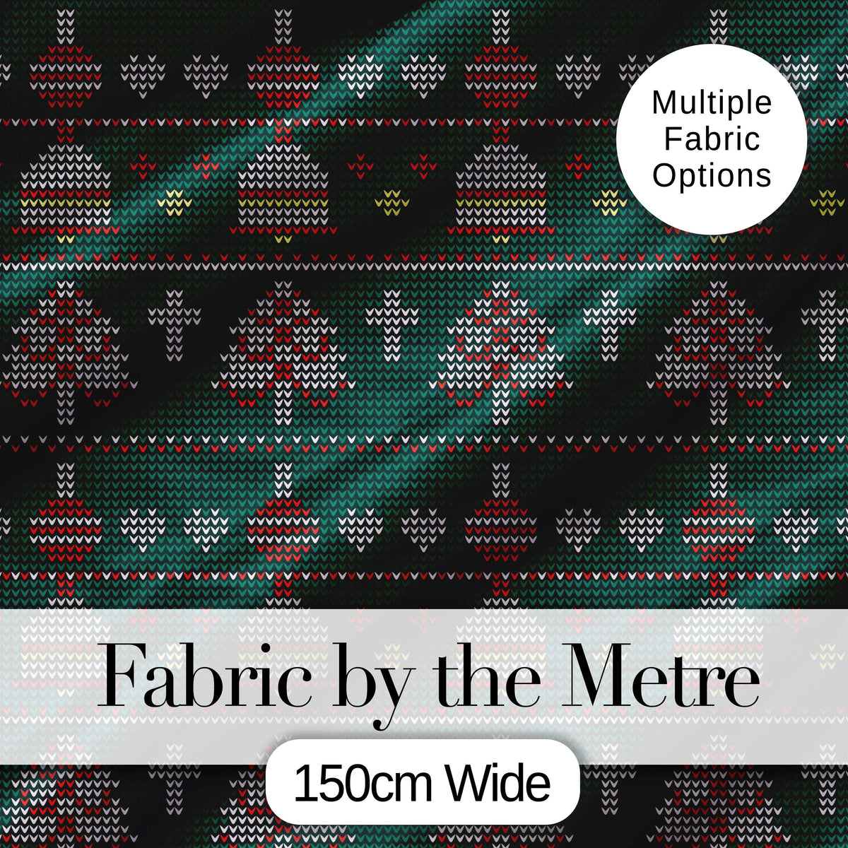 Nordic Ornament Christmas Tree Knit Green Red White Festive Seamless Textile Digital Print Fabric by the Metre UK Sewing Quilting Textile