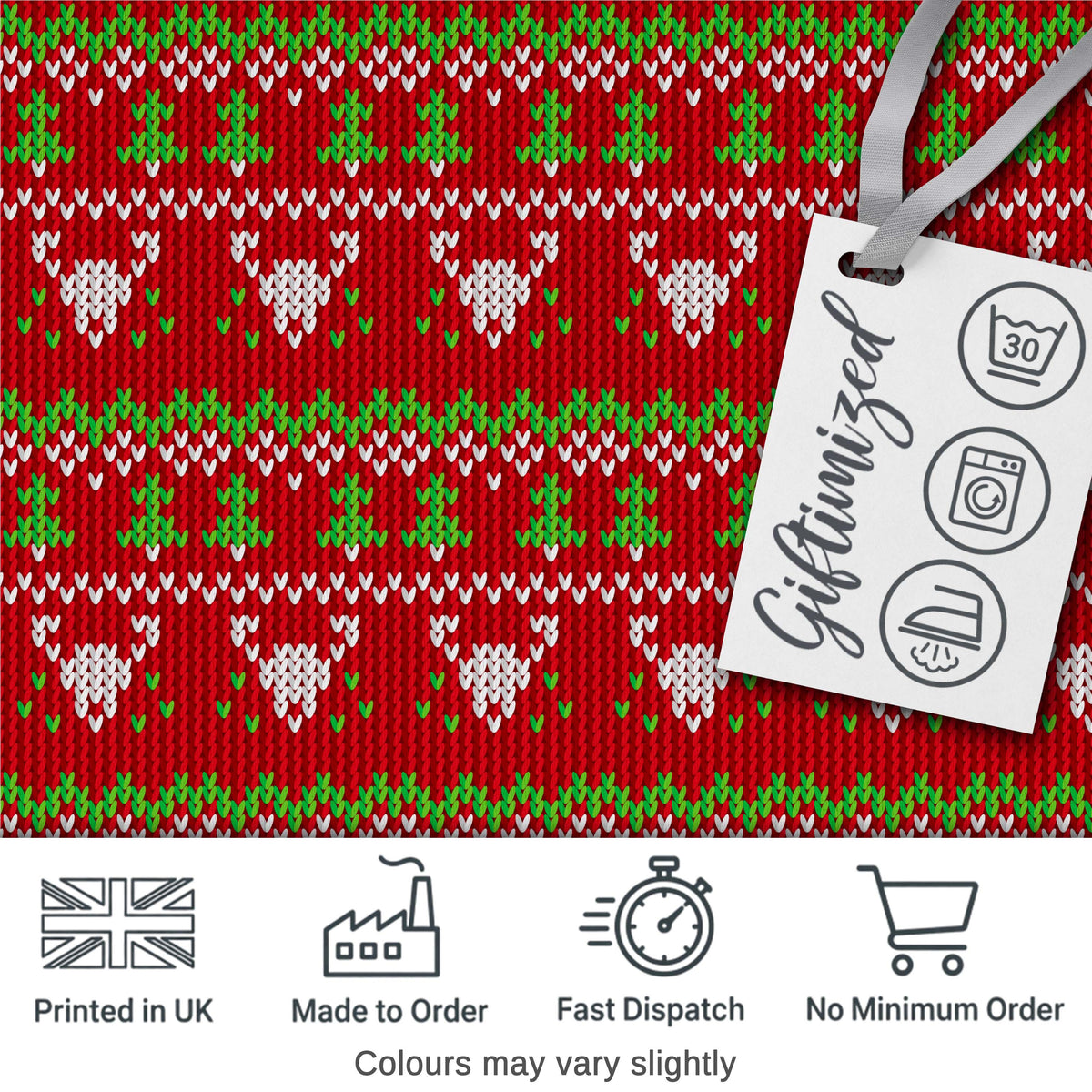 Festive Heart Christmas Tree Knit Pattern Red Green White Nordic Textile Digital Print Fabric by the Metre UK Sewing Quilting Textile