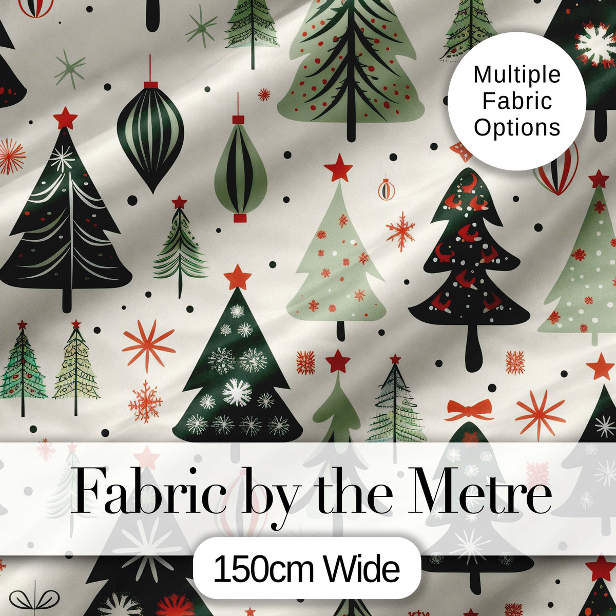Vintage Style Christmas Trees Ornaments Snowflakes Festive Seamless Pattern Digital Print Fabric by the Metre UK Sewing Quilting Textile