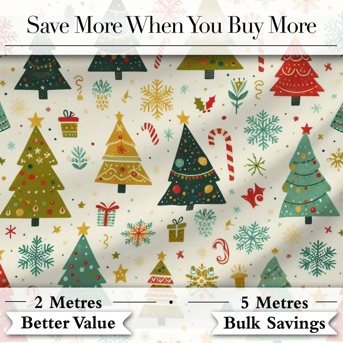 Whimsical Christmas Trees Candy Canes Snowflakes Holiday Seamless Pattern Digital Print Fabric by the Metre UK Sewing Quilting Textile