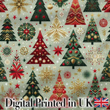 Elegant Festive Christmas Trees Snowflakes Gold Red Holiday Seamless Pattern Digital Print Fabric by the Metre UK Sewing Quilting Textile