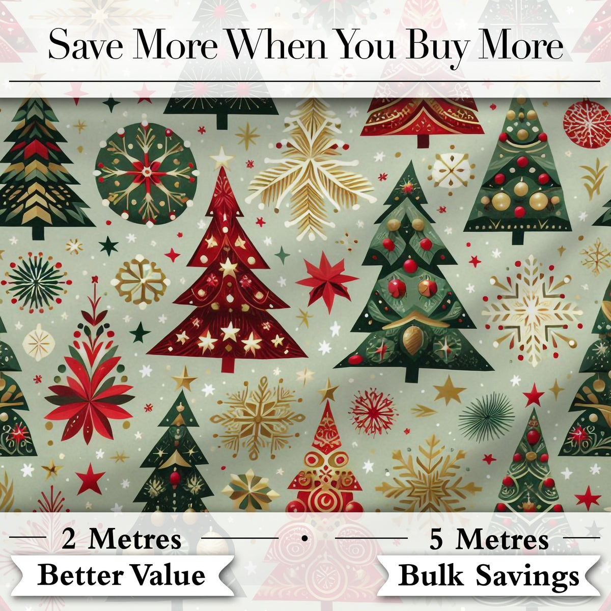 Elegant Festive Christmas Trees Snowflakes Gold Red Holiday Seamless Pattern Digital Print Fabric by the Metre UK Sewing Quilting Textile