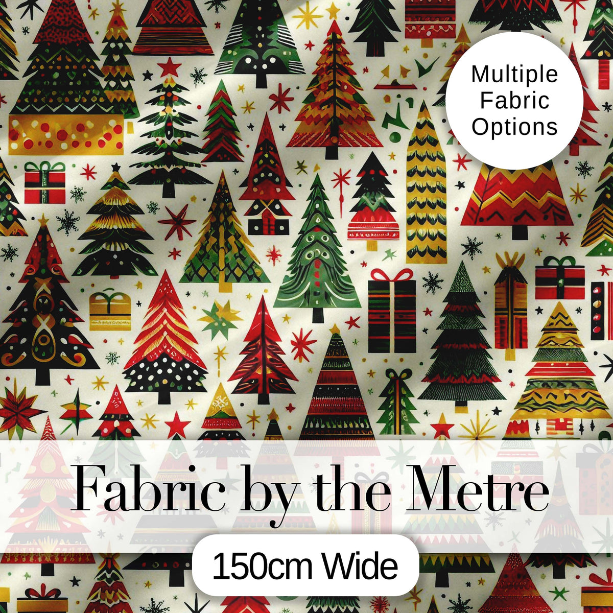 Vibrant Nordic Christmas Trees Gifts Stars Festive Holiday Seamless Pattern Digital Print Fabric by the Metre UK Sewing Quilting Textile
