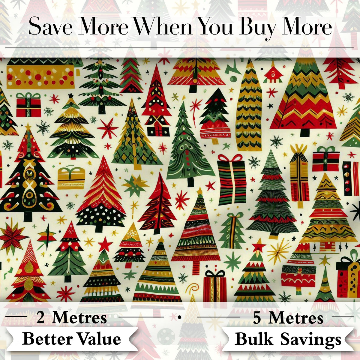 Vibrant Nordic Christmas Trees Gifts Stars Festive Holiday Seamless Pattern Digital Print Fabric by the Metre UK Sewing Quilting Textile