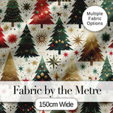 Elegant Christmas Trees Gold Green Red Stars Festive Seamless Pattern Digital Print Fabric by the Metre UK Sewing Quilting Textile