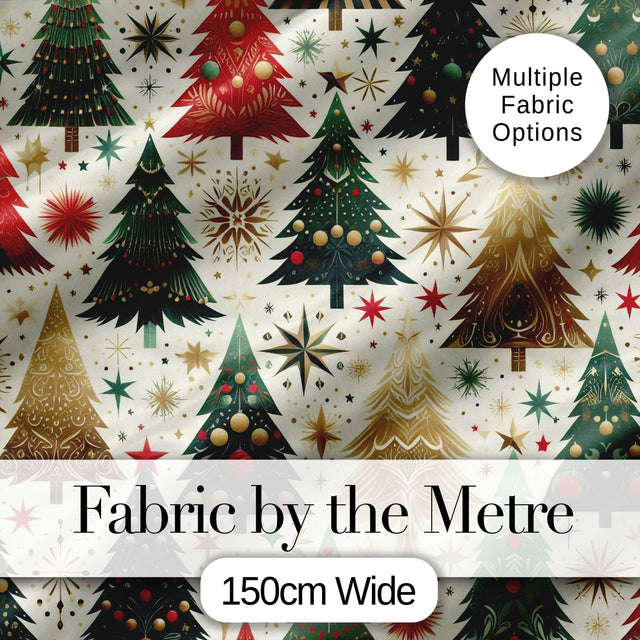 Elegant Christmas Trees Gold Green Red Stars Festive Seamless Pattern Digital Print Fabric by the Metre UK Sewing Quilting Textile