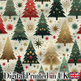 Elegant Christmas Trees Gold Green Red Stars Festive Seamless Pattern Digital Print Fabric by the Metre UK Sewing Quilting Textile