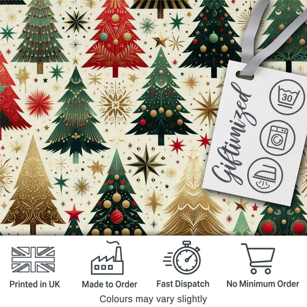 Elegant Christmas Trees Gold Green Red Stars Festive Seamless Pattern Digital Print Fabric by the Metre UK Sewing Quilting Textile