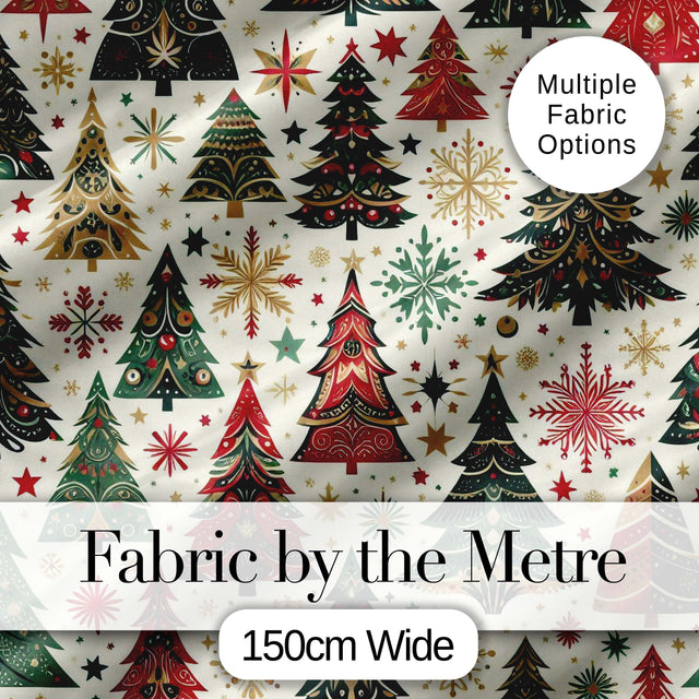 Ornate Christmas Trees Snowflakes Stars Vintage Holiday Seamless Pattern Digital Print Fabric by the Metre UK Sewing Quilting Textile