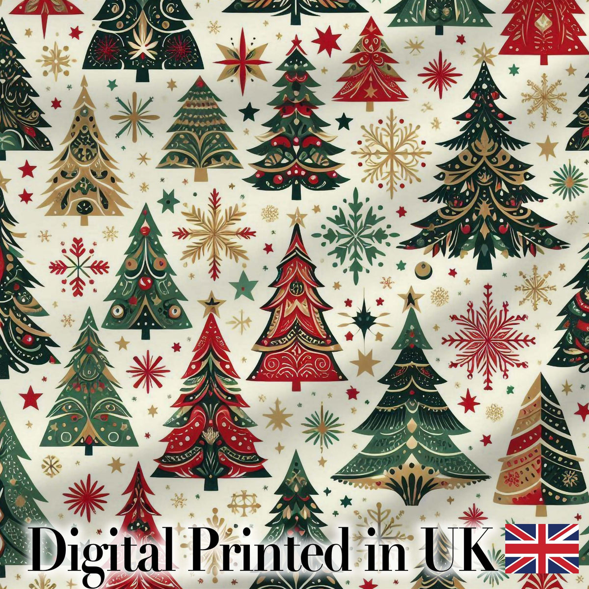 Ornate Christmas Trees Snowflakes Stars Vintage Holiday Seamless Pattern Digital Print Fabric by the Metre UK Sewing Quilting Textile
