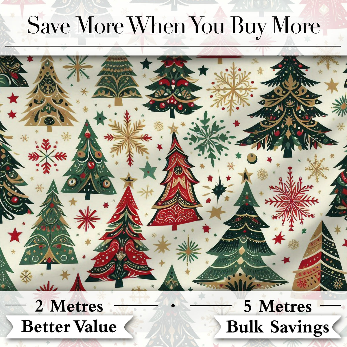 Ornate Christmas Trees Snowflakes Stars Vintage Holiday Seamless Pattern Digital Print Fabric by the Metre UK Sewing Quilting Textile