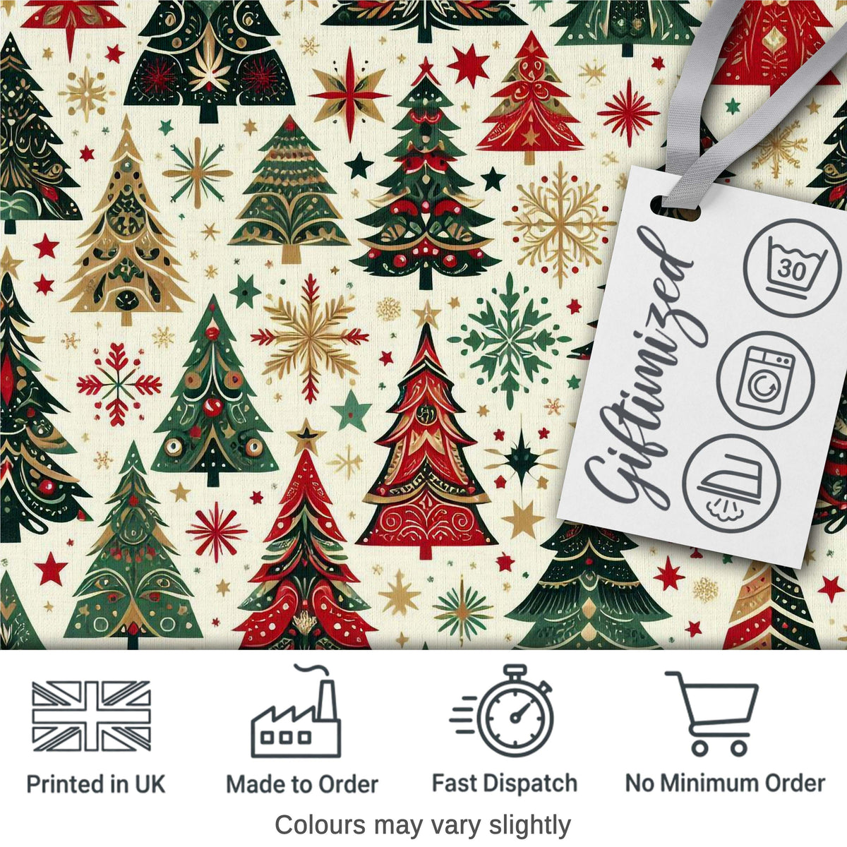 Ornate Christmas Trees Snowflakes Stars Vintage Holiday Seamless Pattern Digital Print Fabric by the Metre UK Sewing Quilting Textile