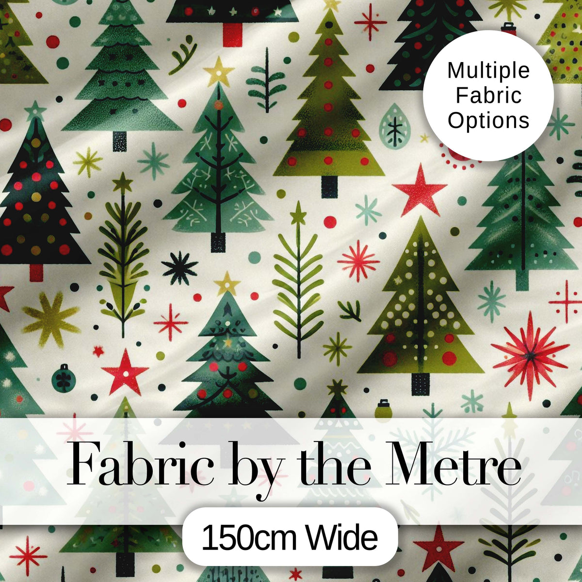Minimal Christmas Trees Stars Leaves Nordic Holiday Seamless Pattern Digital Print Fabric by the Metre UK Sewing Quilting Textile