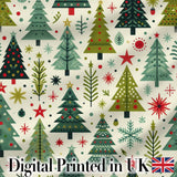 Minimal Christmas Trees Stars Leaves Nordic Holiday Seamless Pattern Digital Print Fabric by the Metre UK Sewing Quilting Textile