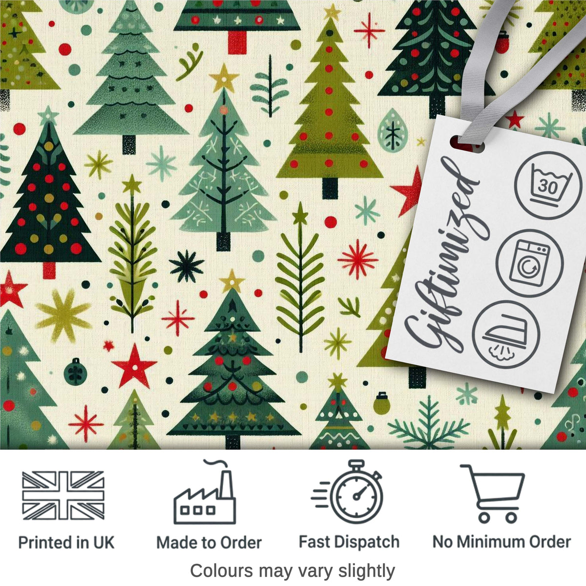 Minimal Christmas Trees Stars Leaves Nordic Holiday Seamless Pattern Digital Print Fabric by the Metre UK Sewing Quilting Textile
