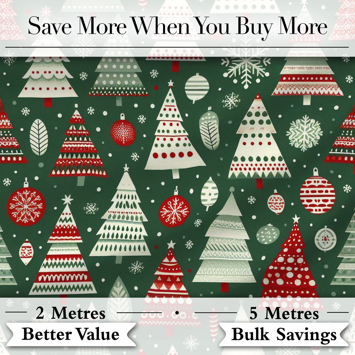 Scandi Christmas Trees Red White Green Snowflakes Nordic Seamless Pattern Digital Print Fabric by the Metre UK Sewing Quilting Textile