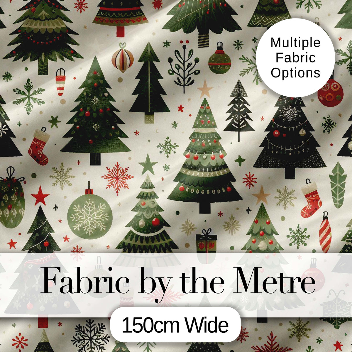 Classic Christmas Trees Ornaments Gifts Snowflakes Festive Seamless Pattern Digital Print Fabric by the Metre UK Sewing Quilting Textile