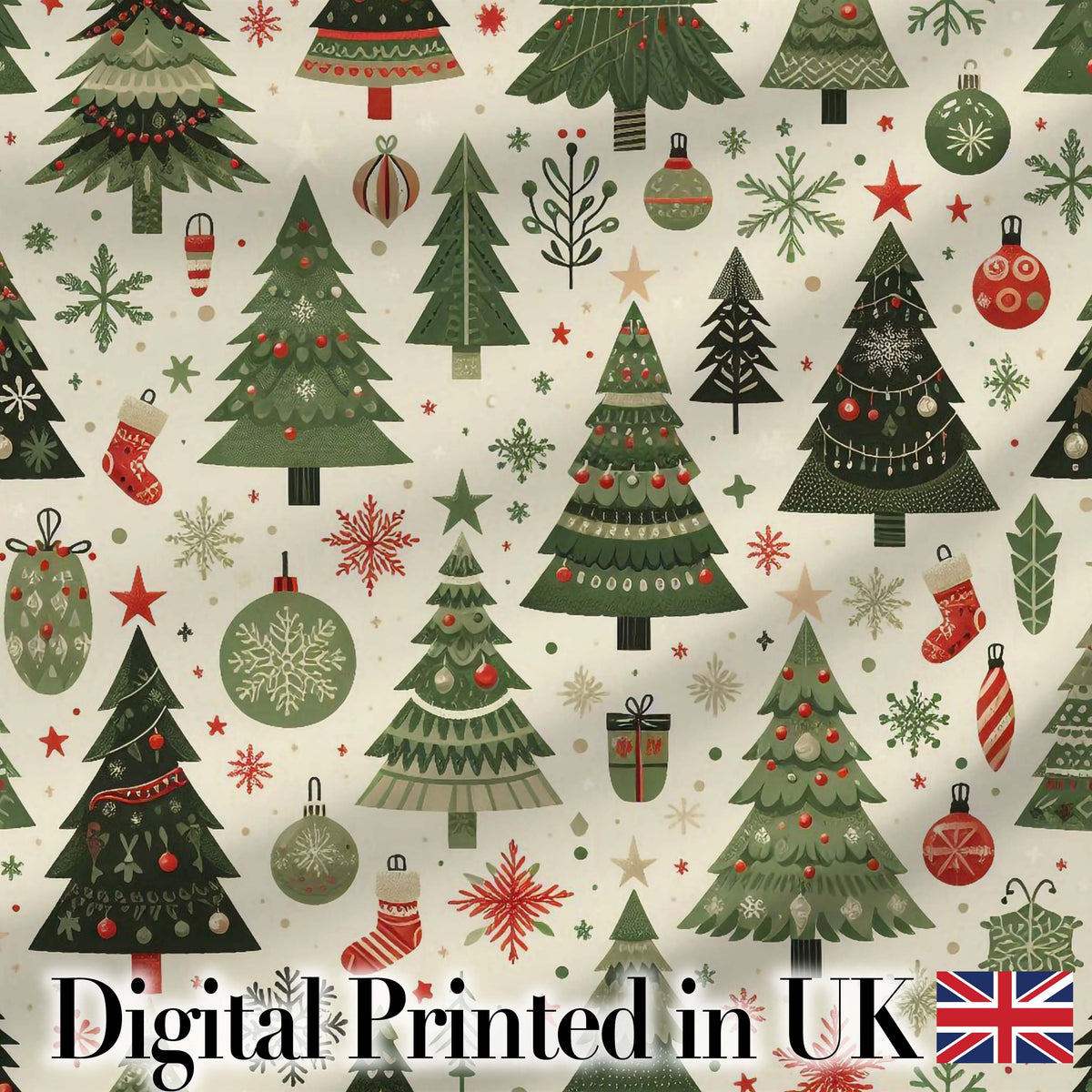 Classic Christmas Trees Ornaments Gifts Snowflakes Festive Seamless Pattern Digital Print Fabric by the Metre UK Sewing Quilting Textile