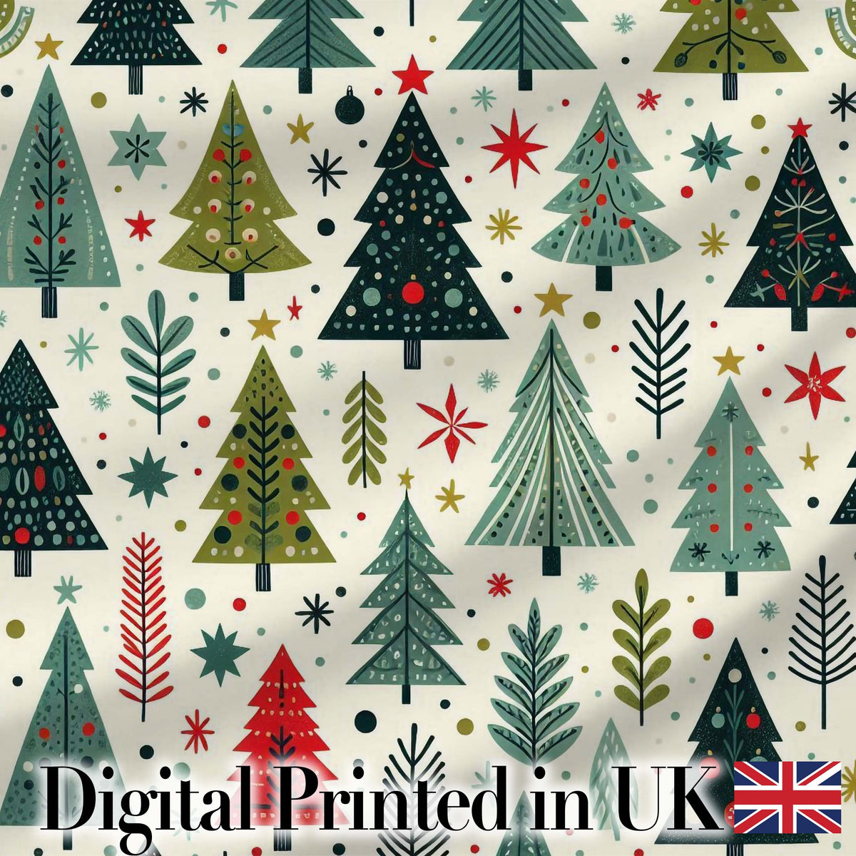 Scandi Christmas Trees Geometric Red Green Snowflakes Seamless Pattern Digital Print Fabric by the Metre UK Sewing Quilting Textile